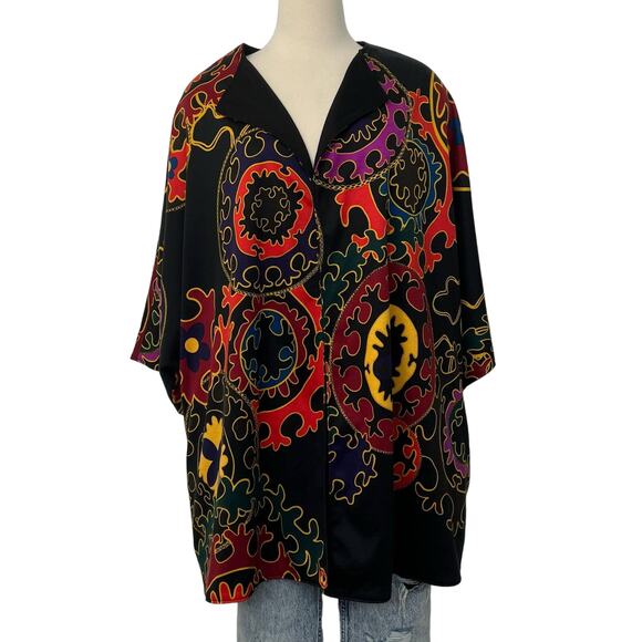 Natori Reversible Kimono Cardigan Jacket Black Colorful M Oversized Longline - Picture 1 of 7